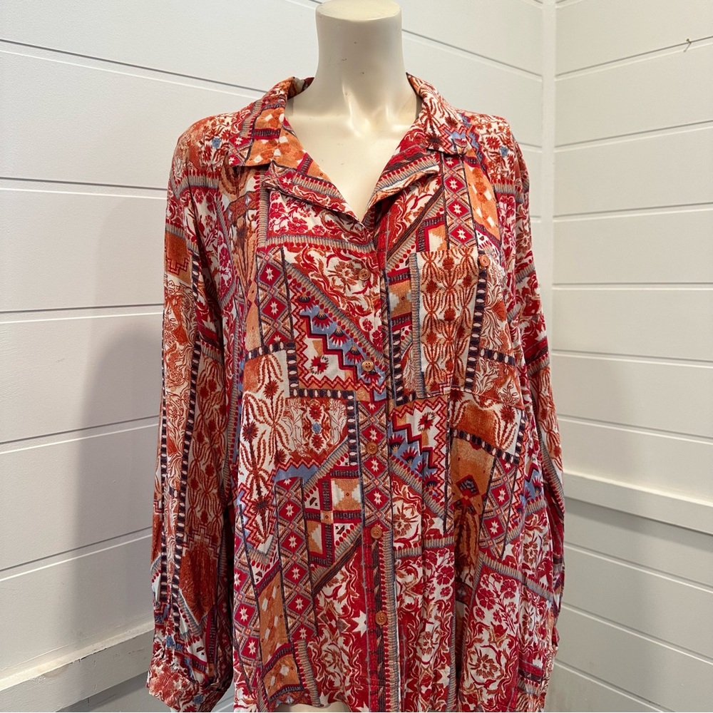Rachel Zoe red printed long sleeve blouse